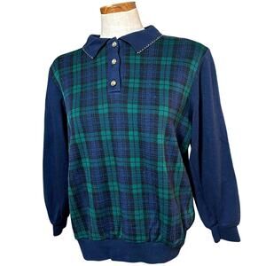Vintage Cricket Lane Plaid Polo Sweater M 80s Blackwatch Preppy Gold Buttons